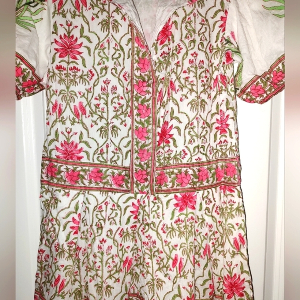 Floral Print Dress with Pink and Green Accents, 100% Cotton